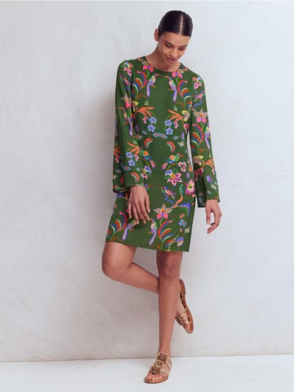 Boden Flared Sleeve Shift Dress Tropical Bird Floral Print Limited Edition